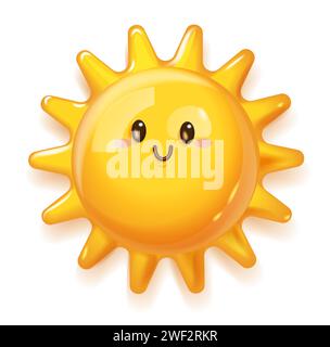 Lächeln 3D Sonne. Gelbes, helles lächelndes Symbol Stock Vektor