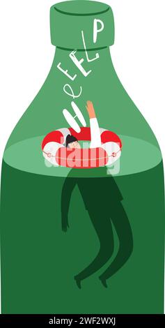 Alkoholiker in einem Rettungsschirm in einer Flasche bittet um Hilfe bei der Beseitigung der Alkoholsucht der Flasche Alkohol Illustration, Getränk und alkoholische Problem Vektor Stock Vektor