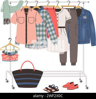 Kleiderbügel mit einem Satz von Damenbekleidung und Accessoires in einem sportlichen Stil Vektor von Set Mode Kleid Kleidung, Kleidung Illustration Sammlung Stock Vektor