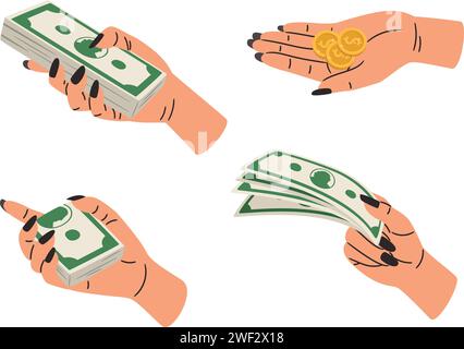 Hände, die Geld halten. Waffensatz mit Münzen und Banknoten. Illustration des Finanzvektors eines Handsets mit Bargeld-Dollar isoliert Stock Vektor