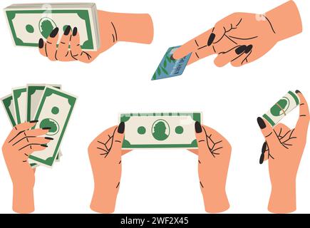 Hände, die Geld halten. Waffensatz mit Banknoten, Bankkarte. Vektor von Arm mit Geld, halten Sie Investition und Bargeldeinzug Illustration Stock Vektor