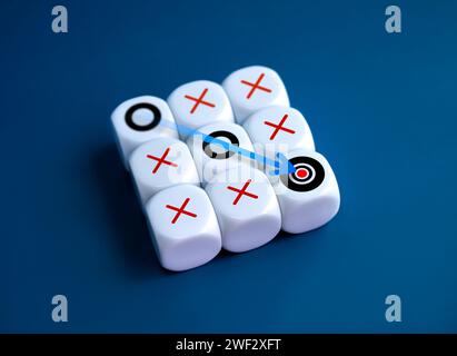 Weißer Pfeil, der zum Ziel geht, Symbol der Dartscheibe auf Tic Tac Toe Holzblockspiel auf blauem Hintergrund, minimalistischer Stil. Gewinner, Geschäftsplan Stockfoto