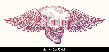 Handgezeichneter menschlicher Schädel mit Flügeln. Skelettskizze mit Flügeln. Vintage-Vektor-Illustration Stock Vektor