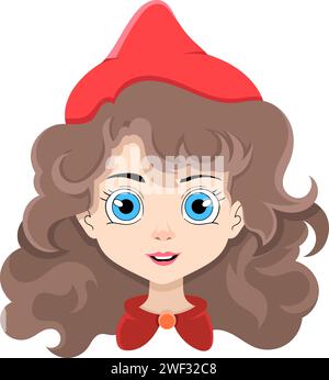 Der Kopf eines schönen Mädchens mit lockigen braunen Haaren mit einem charmanten Gesicht, Zeichentrickfiguren-Design Stock Vektor