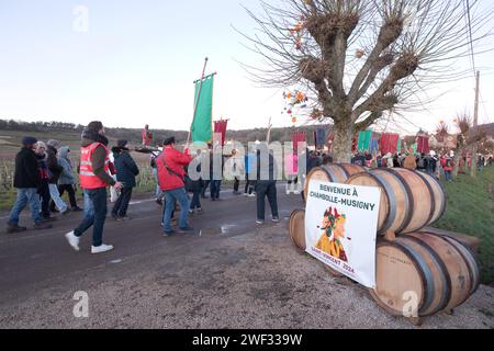 Chambolle Musigny, Frankreich. Januar 2024. © JC Tardivon/MAXPPP - Chambolle-Musigny 27/01/2024 defile des Confreries Morey-Saint-Denis 01/27/2024 Saint Vincent Rotation in Burgund 2024. Unter den Traditionen, Induktionen in die Bruderschaft der Ritter von Tastevin, Messe und Prozession in den Weinbergen. Quelle: MAXPPP/Alamy Live News Stockfoto