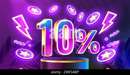 Mega-Sonderangebot, Neon 10-Rabattbanner. Werbeaktion für Schilder. Vektor Stock Vektor