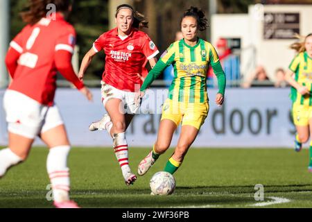 Eindhoven, Niederlande. Januar 2024. EINDHOVEN, 28.01.2024, de Herdgang, Azerion Eredivisie vrouwen, PSV - ADO (Frauen), Staffel 2023/2024, während des Spiels PSV - ADO (Frauen), PSV-Spieler Suzanne Giessen, ADO den Haag-Spieler Shanique Dessing Credit: Pro Shots/Alamy Live News Stockfoto