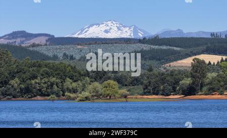Der ruhige See mit einem grünen Wald und dem schneebedeckten Nevados de Chillan-Berg im Hintergrund Stockfoto