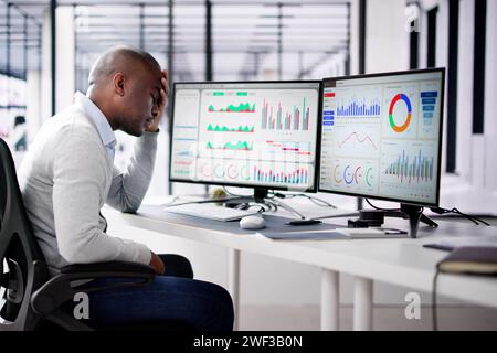 Trauriger und schockierter KPI-Datenanalyst, der das Dashboard betrachtet Stockfoto