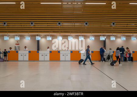 Kreuzfahrtpassagiere, die ihre Bootstour vom Inneren des Hauptterminals in Santa Cruz auf Teneriffa auf den Kanarischen Inseln buchen. Stockfoto