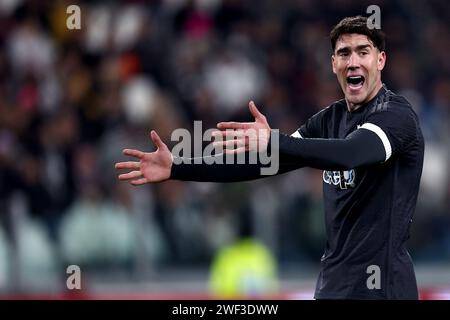 Turin, Italien. Januar 2024. Dusan Vlahovic vom Juventus FC Gesten während des Fußballspiels der Serie A zwischen Juventus FC und Empoli FC im Allianz Stadium am 27. Januar 2024 in Turin. Quelle: Marco Canoniero/Alamy Live News Stockfoto