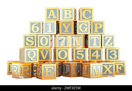 ABC Holzblöcke – Lernblock mit Buchstaben und Zahlen. 3D-Rendering isoliert auf weißem Hintergrund Stockfoto