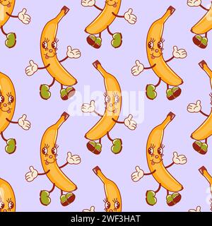 Banana, eine süße Retro-Cartoon-Figur. Grooviges nahtloses Vintage-Muster für den Sommer. Trendiger alter Stil. 1970er Jahre Tropische exotische Früchte. Gesunde Ernährung. Für Männer Stock Vektor