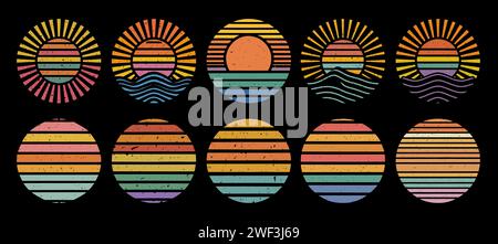 Set von Retro Sunset Circle Badges Vektor isoliert. Stock Vektor