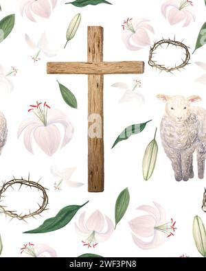 Aquarell Holzkreuz Lamm Pfirsichtönung Lilien nahtloses Muster für Ostern, heiligen Donnerstag, religiöse Illustration isoliert auf weiß Stockfoto