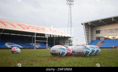 Oldham, Großbritannien. Januar 2024. General Stadium View *** während des Cupspiels 1895 zwischen Oldham RLFC und Halifax Panthers im Boundary Park, Oldham, England am 28. Januar 2024. Foto von Simon Hall. Nur redaktionelle Verwendung, Lizenz für kommerzielle Nutzung erforderlich. Keine Verwendung bei Wetten, Spielen oder Publikationen eines einzelnen Clubs/einer Liga/eines Spielers. Quelle: UK Sports Pics Ltd/Alamy Live News Stockfoto