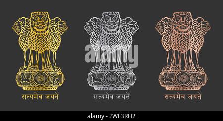 Ashok Piller Satyameva Jayate Symbol Set. Emblem von Indien. Ashok Stambh-Symbol in Gold, Silber und Bronze isoliert auf schwarzem Hintergrund. Stock Vektor