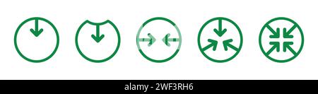 Symbolsatz in Grün verkleinern. Symbolsatz „Komprimieren reduzieren“. Symbolsatz in grüner Farbe transformieren, ändern, konvertieren, wiederverwenden. Stock Vektor