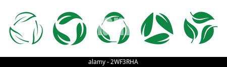 Symbolsatz für das Recycling von Blättern. Symbol für biologisch abbaubares Blattrecycling in grüner Farbe. Recycling, Wiederverwendung des Symbols, das in grüner Farbe isoliert ist. Stock Vektor