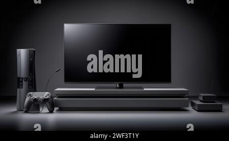 Großer Fernseher mit modernen Möbeln. Isoliert auf weißem Hintergrund. Schwarzes Bildschirmmodell. Stockfoto