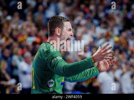 Andreas Palicka beim Bronzemedaillenspiel zwischen Schweden und Deutschland in der Lanxess Arena in Köln am Sonntag, 28. Januar 2024. (Foto: Liselotte Sabroe/Ritzau Scanpix) Stockfoto