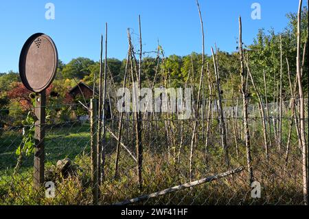 Weinberg wird zum Garten: Garten mit ehemaliger Weinbergmarke und Weinberghütte in der herbstlichen Abendsonne in Süddeutschland Stockfoto