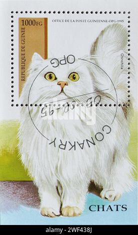 Block mit gestempelter Briefmarke, gedruckt von Guinea, auf der Chinchilla-Katze, ca. 1995. Stockfoto