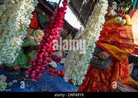 Vadodara, Indien - 14. Januar 2024: Blumenhändler auf dem Khanderao-Markt in Vadodara, Gujarat, Indien. Stockfoto