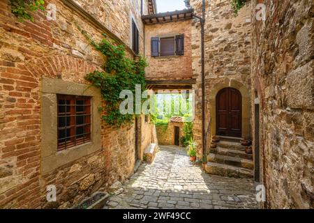 Das malerische Dorf Montefioralle, in der Nähe von Greve in Chianti, an einem sonnigen Sommertag. Provinz Florenz, Toskana, Italien. Stockfoto