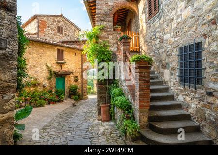 Das malerische Dorf Montefioralle, in der Nähe von Greve in Chianti, an einem sonnigen Sommertag. Provinz Florenz, Toskana, Italien. Stockfoto