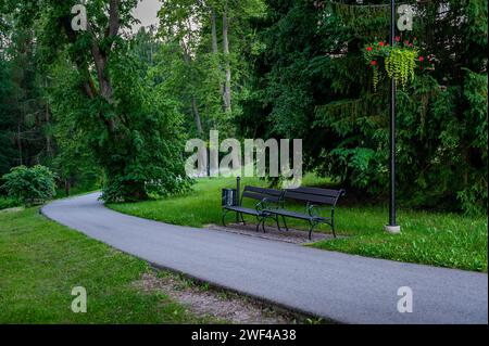 Ein Fußgängerweg führt durch den Park mit Bänken. Smiltene Old Park, Lettland. Stockfoto