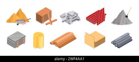 Hausmaterialien. Baustelle. Ziegelsteine. Holzplatten und Holz. Sandhaufen. Eisen- und Zementpfahl. Metallrohrteile. Rohbeton für Straßenreparaturen. Industriebau. Vektor-Zeichentricksymbole gesetzt Stock Vektor