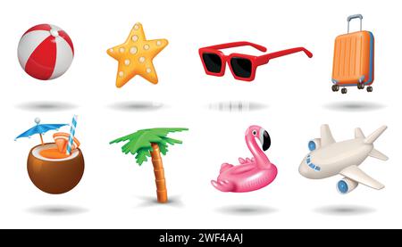 3D-Sommer-Symbole. Strandurlaub. Bewegliche Objekte. Kinderball für die Feiertage. Aufblasbares Seespielzeug Flamingo. Palme. Reisegepäck. Cocktail-Kokosgetränk. Sonnenbrille oder Flugzeug. Vektor-Renderset Stock Vektor
