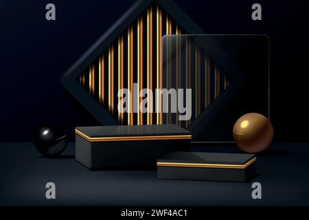 Schwarzer Hintergrund. 3D-goldenes Podium auf der Bühne der Luxusszene, elegante, dunkle oder goldene Produktauszeichnung. Minimalistisches Design für kommerzielle Produktwerbung, geometrische Schaufenster. Abstrakte Vektorobjekte Stock Vektor