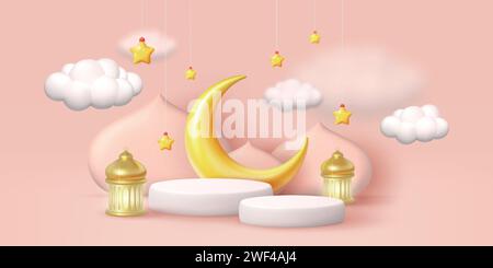 Hintergrund des 3D-Ramadan. Islam Podium Banner Dekoration mit Mond, Sichel und Goldmoschee. Leerer leerer Ständer für Produktpräsentation, muslimische Schilder, eid mubarak. Vector Modern stellt isolierte Elemente dar Stock Vektor