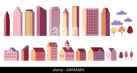 Stadtgebäude. Stadtbaumlandschaft oder Stadtlandschaft mit modernem Haus und Skyline, minimaler Park mit Wolken. Wolkenkratzer und verschiedene Häuser. Minimalistische geometrische isolierte Elemente. Vektorsymbole Stock Vektor