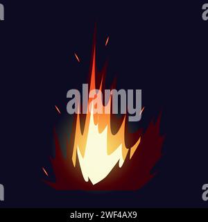 Brandexplosion. Flammenexplosion Bersten. Waffenausleger-Effekt mit heller Blitz und funkelnden Funken. Bombenzündung. Zerstörungskraft. Schussangriff. Magischer Knall. Heißes Funkeln. Vektorexplosives Comic-Element Stock Vektor