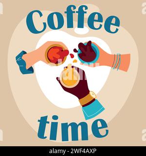 Feuern Sie die Hände an. Kaffeezeit. Personen, die Becher halten. Koffeingetränk. Heißgetränk. Menschliche Arme, Draufsicht. Freunde feiern. Frauen, die Tassen aneinanderstoßen. Cappuccino-Gläser. Barista Café Vektor-Banner Stock Vektor