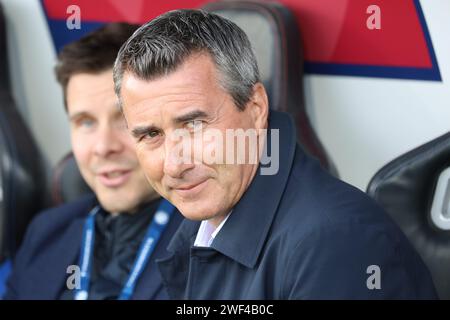 Thierry LARRET/MAXPPP. Fußball. Ligue 1 Uber Isst. Clermont Foot 63 gegen RC Straßburg. Stade Gabriel Montpied. Clermont-Ferrand (63) le 28 janvier 2024. président du Racing Club de Strasbourg Marc Keller Credit: MAXPPP/Alamy Live News Stockfoto