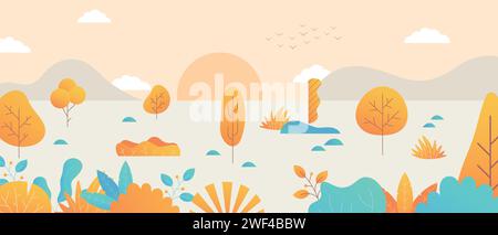 Der Verlauf verlässt die Landschaft im Herbst. Baumhintergrund. Karikaturblatt, einfache wilde Berglandschaft, pastellfarbene Natur-Abstufung. Naturfeldpanorama minimaler Stil. Vektor-Cartoon-flaches Design Stock Vektor