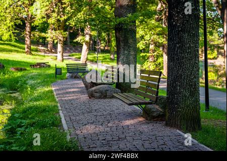 Ursprüngliches Design-Infrastrukturobjekt im Stadtpark; Holzbänke auf großen Steinen. Ein Fußgängerweg führt durch den Park. Smiltene Old Park; L Stockfoto