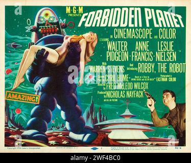 Poster aus dem Science-Fiction-Film der 1950er Jahre - Verbotener Planet (MGM, 1956). Titel Lobby Card feat Leslie Nielsen Stockfoto