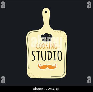 Kochstudio. Cook-Logo. Restaurant Küche Emblem, Bäckerei und Kochabzeichen. Stickermockup mit Schriftzug und Kochhut isoliert auf Schwarz. Kursschild für die Zubereitung von Lebensmitteln. Vorlage für Vektorbeschriftung Stock Vektor