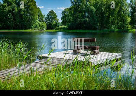 Leere Bank am Holzsteg auf dem See. Holzstege, sumpfiges Seeufer. Bilska-See, Lettland. Stockfoto