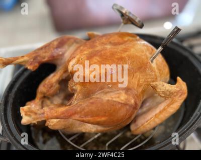 Lafayette, USA. November 2023. Gerösteter Thanksgiving-truthahn mit Bluetooth-Temperaturfühler in einer Küche in Lafayette, Kalifornien, 23. November 2023. (Foto: Smith Collection/Gado/SIPA USA) Credit: SIPA USA/Alamy Live News Stockfoto