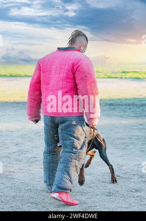 Junger Dobermann Pinscher Ausbildung zum Schutz in der Natur Stockfoto