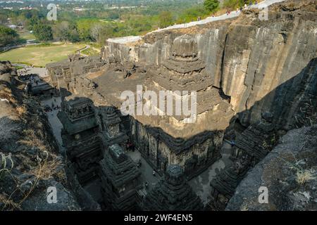 Ellora, Indien - 22. Januar 2024: Kailasa Tempel im Ellora Caves Complex im Aurangabad District von Maharashtra, Indien. Stockfoto