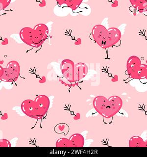 Lustiges, nahtloses Herzmuster. Niedliches Herz verschiedene Emotionen, Cartoon-Liebe und romantische rosa Symbole. Schöne Charaktere heutzutage Vektor-Hintergrund Stock Vektor