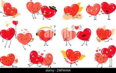 Lustige Paarherzen. Rotes Herz in der Liebe, romantische Beziehungen und Valentinstag Symbole. Niedliche Charaktere in verschiedenen Emotionen, heute Vektorset Stock Vektor