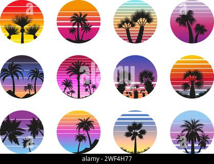 Sonnenaufgang mit Palmen im Retro-Stil. Exotische abstrakte Landschaft, Vintage-Stil Sommer-Strandabzeichen. Dekorative Palmen Silhouetten, neoterische Vektor-Set Stock Vektor